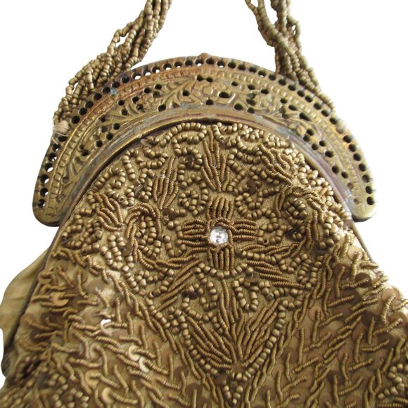 Antique Gold Beaded Purse Bag Brass Frame Silk Lining - Picture 5 of 10